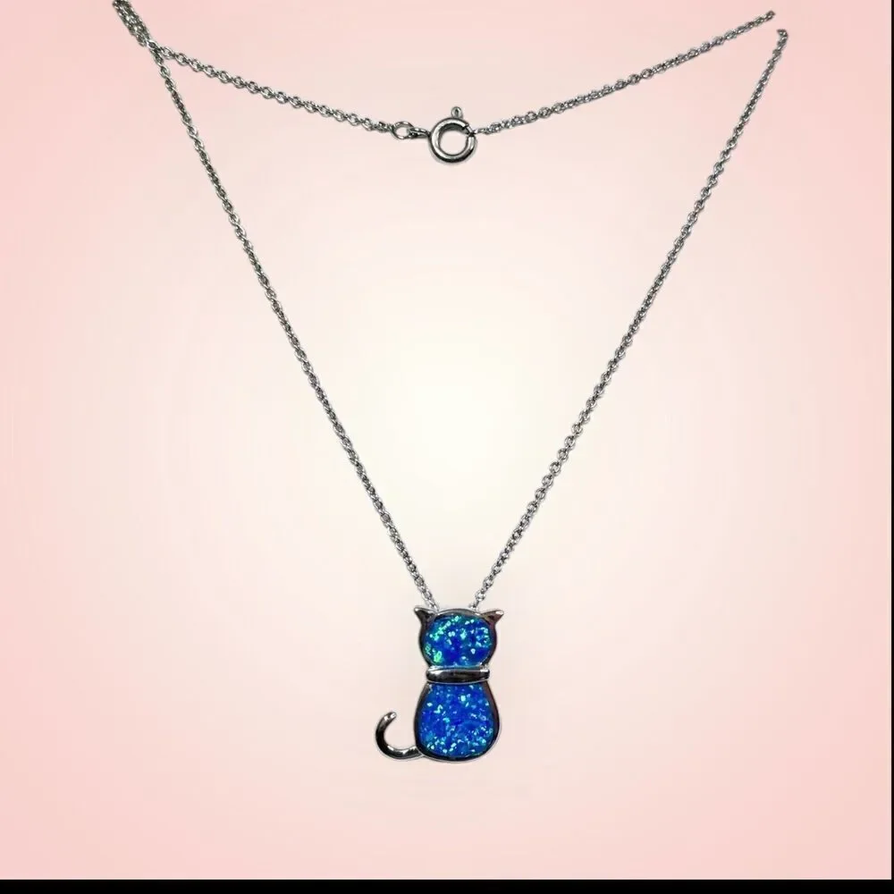 Sterling Silver 925 Rhodium Plated Lab Blue Inlay Opal Sitting Cat 18